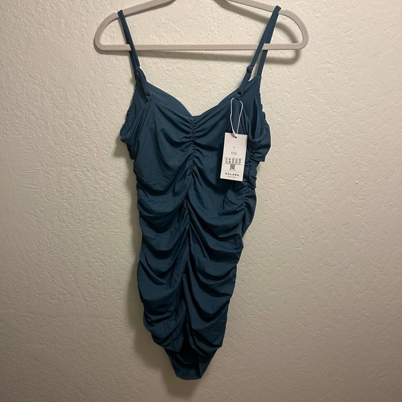 Halara Backless Ruched Bodycon Dress Teal Blue Size L NWT - Picture 9 of 10